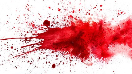 Abstract red paint splatter resembling blood on a white background. Chaotic and intense splash with different sizes of droplets and streaks. Concept of horror, violence, and artistic expression
