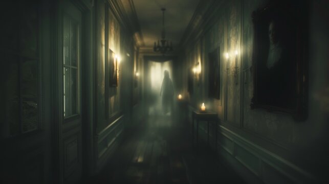 Ethereal ghost figure in a long hallway with wooden floors and golden lighting. Concept of ghostly presence, haunted house, supernatural, eerie atmosphere