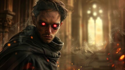 Vampire with glowing red eyes in a dark cloak inside a gothic cathedral. Concept of supernatural power, mystery, fantasy character