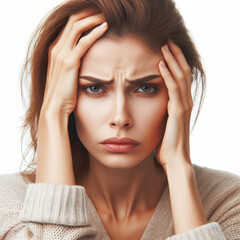 Naklejka premium Adult woman with migraine or headache holding her head due to pain Isolated on white background