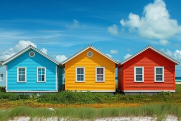 A row of three brightly colored beach houses under a clear blue sky