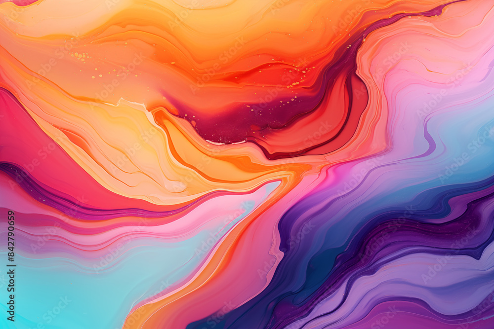 Wall mural Vibrant and abstract background featuring fluid art. Trendy neon gradient in orange with a marble effect in purple, orange and blue. A stylish backdrop for websites, postcards, and notebooks. - Wall murals