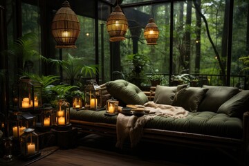 Zen balcony with mats, lanterns and plants., generative IA