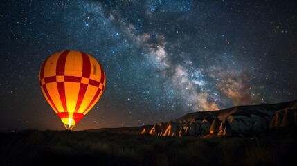 Obraz premium Glowing Hot Air Balloon Under a Starry Milky Way Night Sky