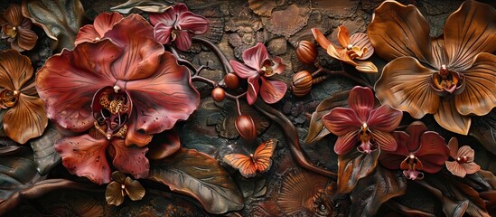 Elegant and beautiful floral background in Baroque style. Abstract retro decorative flower and plants art design. Digital illustration. Flower wallpaper. Mural. Wall art. AI generated illustration