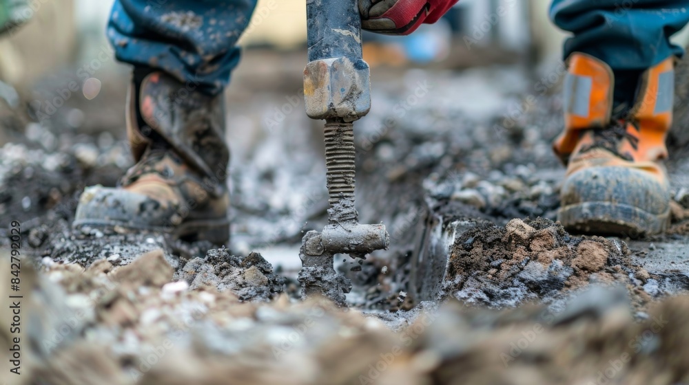 Poster a worker using a jackhammer to break through the hard earth for a new utility line.