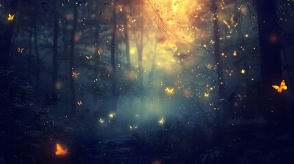 Obraz premium Fireflies Glowing Brightly in the Enchanted Dark Forest