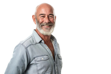Fototapeta premium Smiling Middle-Aged Bald Caucasian Man in a Denim Shirt