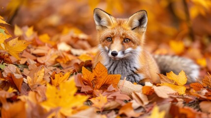 Naklejka premium cute fox surrounded by vibrant autumn leaves seasonal wildlife scene nature photography