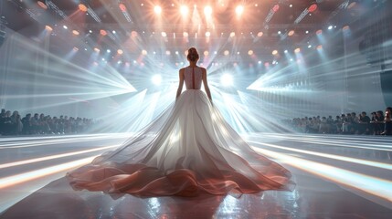 An elegant model poses on the runway with a grand white dress at a fashion show - Powered by Adobe