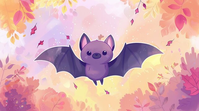 cute kawaii flying bat on simple pastel background adorable cartoon animal character digital illustration