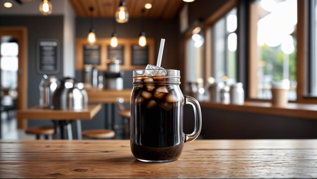 Iced coffee in handle mason jar on wooden cafe counter with blurry cafe background - Generative AI - Powered by Adobe