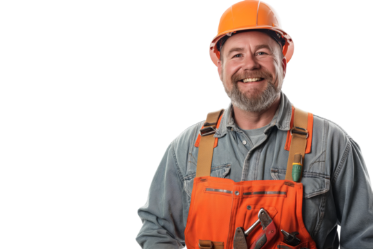 Smiling Middle-Aged Caucasian Construction Worker in Safety Gear