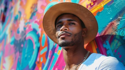 A stylish young man wearing a hat, with colorful graffiti in the background