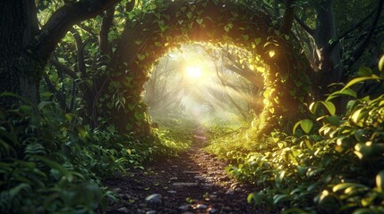A forest path with a large archway in the middle