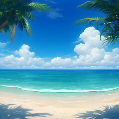 Fototapeta premium A serene beach with crystal clear waters and coconut palm trees.