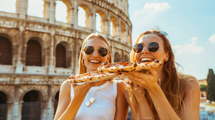 Two beautiful young women having fun and eating pizza at Coliseum in Rome. Italian cuisine, restaurant menu. Happy friends tourists enjoying italian pizza. Summer vacation, travel, gastronomic journey