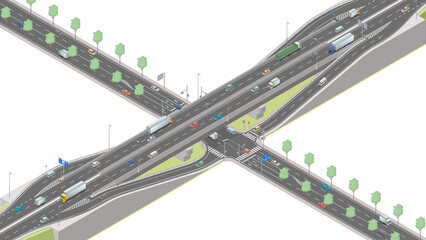 アイソメトリック図法で描いた立体交差道路とランプウェイのイメージ / Road overpass and rampway. Isometric illustration © AntiqueJP