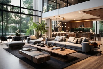 Contemporary living room with integrated kitchen and sober tones., generative IA