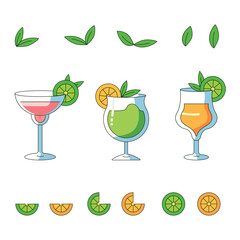 vector illustration summer cocktails with citrus garnishes, perfect for beach parties and holiday celebrations.