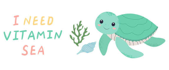 Summer quote, sea life phrase. Vector illustration on a white background. Sea poster, print, card, kids apparel decor, sticker.