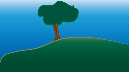 This is a landscape with huge tree on the green hump on the light-blue background