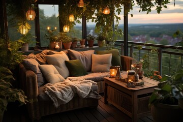 Welcoming balcony with sofa, pillows and plants., generative IA