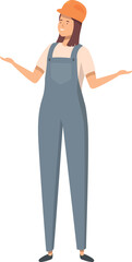 Smiling female construction worker presenting something with her hands outstretched wearing overalls and hard hat
