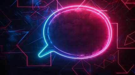 Glowing neon speech bubble against abstract geometric background. Futuristic communication concept