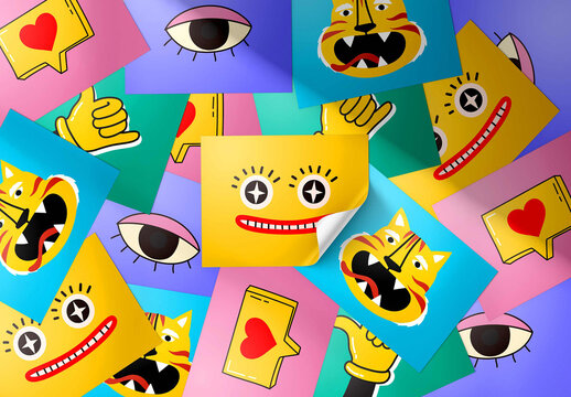 Scattered Rectangular Stickers Set Mockup