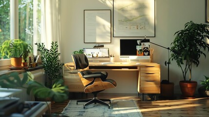 Minimalist home office with a sleek desk, a modern chair, and a large window with natural light