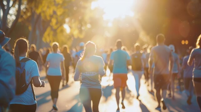 diverse group of people participating in charity walk or run for world health day blurred background