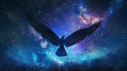 Naklejka premium divine angel messenger spreading wings against starry night sky heavenly spiritual concept art