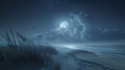 A sandy beach and sea, but also bright space, the Milky Way and planets