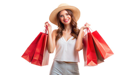 4K, woman traveler holding red shopping bags isolated on white background, Shopper or shopaholic in summer season concept