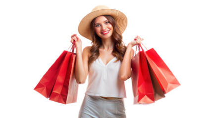 4K, woman traveler holding red shopping bags isolated on white background, Shopper or shopaholic in summer season concept