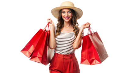 4K, woman traveler holding red shopping bags isolated on white background, Shopper or shopaholic in summer season concept
