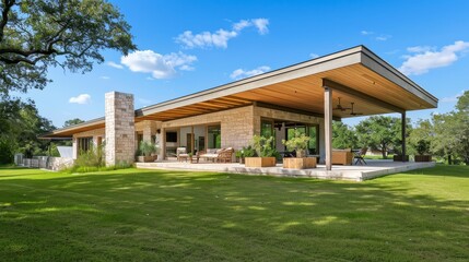Rustic modern farmhouse with flat roof and covered porch, light wood and tan stucco walls, in Texas hill country estate. Outdoor seating, concrete floor, wooden planters, summer day, blue sky.