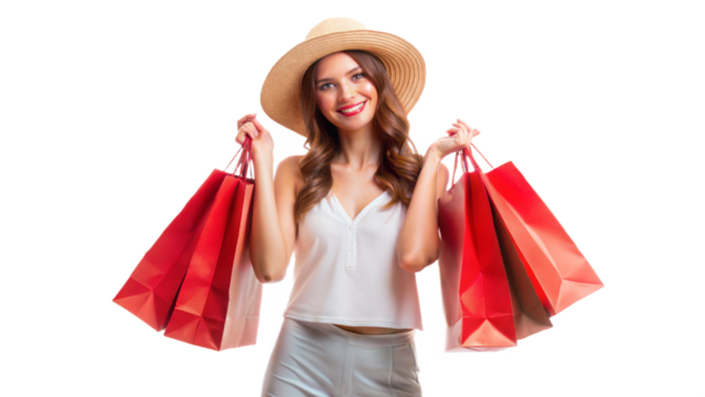4K, woman traveler holding red shopping bags isolated on white background, Shopper or shopaholic in summer season concept