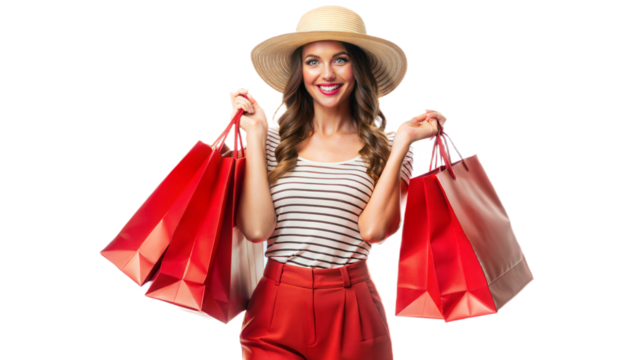 4K, woman traveler holding red shopping bags isolated on white background, Shopper or shopaholic in summer season concept - Powered by Adobe