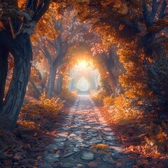A path through a forest with a large archway in the middle