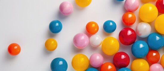 Vibrant plastic balls in a kids' play area set against a white backdrop.