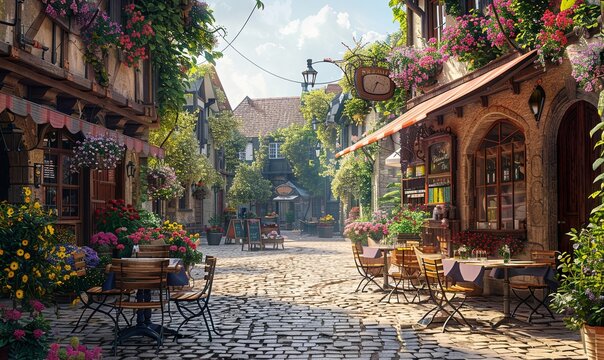 A charming European street with cafes and shops. Realistic.