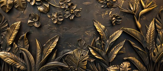 flora background engrave on a woodden board. Flower wallpaper. AI generated illustration