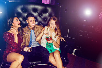 People, happy and friends in nightclub with cocktails, drinks or champagne for vip event, memory or...