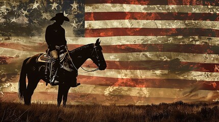 Silhouette of a cowboy on a horse with an American flag background. Perfect for patriotic and Western-themed designs.