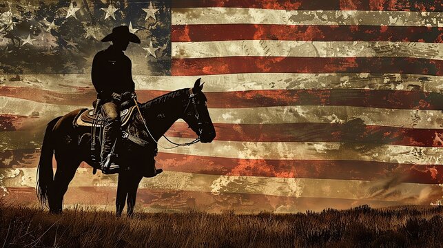 Silhouette of a cowboy on a horse with an American flag background. Perfect for patriotic and Western-themed designs.