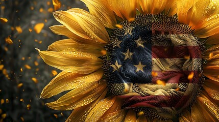 American flag depicted on a sunflower with dew drops.