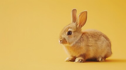 Obraz premium A small, brown rabbit sits on a yellow background, facing to the left. It has large ears and a fluffy tail.