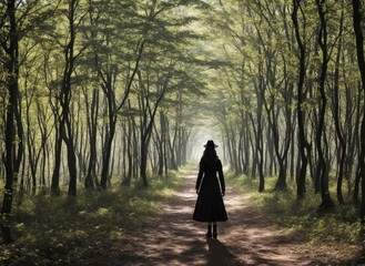 A lonely woman's silhouette among the dark trees in the fog in front in the forest.